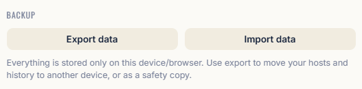 Invitally's backup section — Export data and Import data, with a note that everything stays on-device
