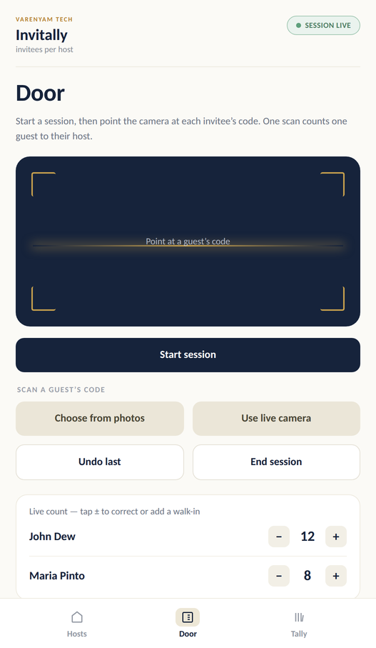 Invitally's Door screen — start a session and scan each guest's code, with a live per-host count