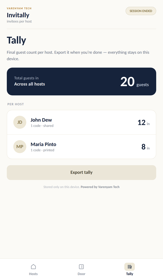 Invitally's Tally screen — final guest count per host, ready to export