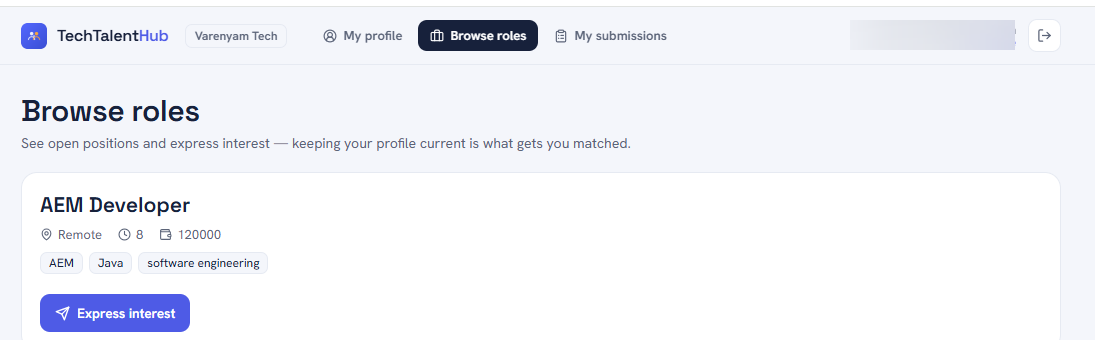 Tech Talent Hub — the Browse roles screen candidates see, with an Express interest button