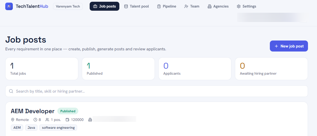 Tech Talent Hub — the Job posts admin screen, showing a published AEM Developer role